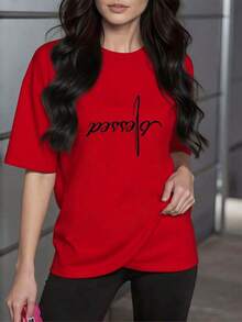 SoftPalabra bendecida escrita en cursiva simboliza gratitud y energía positiva que inspira confianza y serenidad camiseta para mujer blanca suave 100% algodón cómoda y modernaNew Summer Women's T-shirt, Casual and Comfortable Crew Neck Top - Rojo - Ver 1