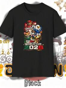Puede incluir una camiseta negra con un gráfico colorido que dice "W Vacation Style World Cup". Camiseta de algodón estampada, informal y holgada para hombre, perfecta para la playa, el resort, el uso diario, la relajación en casa, actividades al aire libre, diseño gráfico moderno, TALLA GRANDE. - Negro - Ver 1