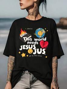 Camiseta inspiradora de 180g "Este mundo necesita a Jesús" de Under The Radar - Perfecta para reuniones familiares y eventos corporativos |   Idea de regalo de Pascua |   Ropa Cristiana para Hombre y Mujer - Camiseta de Manga Corta con Cuello Redondo, Estilo Vintage Urbano, Unisex, de Algodón Holgado - Negro - Ver 6
