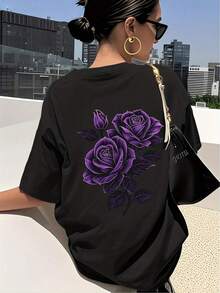 T-shirt única con diseño de rosas moradas estilo y2k ideal para destacar entre la multitud perfecta para cualquier ocasión y fashionistas que buscan  modernas y elegantes siente la frescura del verano y agrega un toque vibrante a tu guardarropa 2GCS - Negro - Ver 1