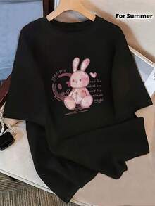 Camiseta única con diseño de conejo encantador estilo y2k ideal para el verano, perfecta para quienes buscan originalidad y comodidad, resalta tu personalidad con este divertido estampado, una prenda básica que no puede faltar en tu armario, ¡compra ahora y destaca! RGQ7 - Negro - Ver 7