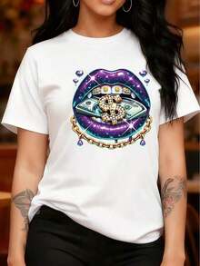 Camiseta 100% algodón con estampado de labios, top casual de manga corta y cuello redondo, camiseta de algodón transpirable para mujer en primavera y verano, ropa de verano fresca y versátil para mujer. - Blanco - Ver 6