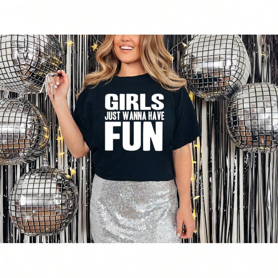 Camiseta 'Las chicas sólo quieren divertirse' Personalizada para Mujer, para Fiesta de Disfraces, Camisetas de Moda de los 80, Tops de Moda, Camisetas Cómodas - Negro - Ver 1