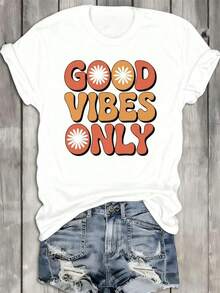 Conjuntos de Verano Minimalistas Modernos para Mujer, Camisetas de Mujer "Good Vibes Only", Camisetas Cortas de Alta Calidad, Nuevas Camisetas Estampadas para Primavera y Otoño, Diseños Únicos para la Temporada de Verano y Primavera, Estampados de Verano Perfectos para Diseño de Estampados, Conjuntos de Verano para Mujer, Tops de Verano, Casual para el Día a Día - Blanco - Ver 7