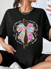 Camiseta con Cruz Cristiana y Lazo Colorido, Mateo 26:28, Jesús, Fe, Regalo Religioso para Hombres y Mujeres, Ropa de Iglesia, Ropa para Pascua, Navidad y Fiestas, Playera Holgada para Mujer - Negro - Ver 1