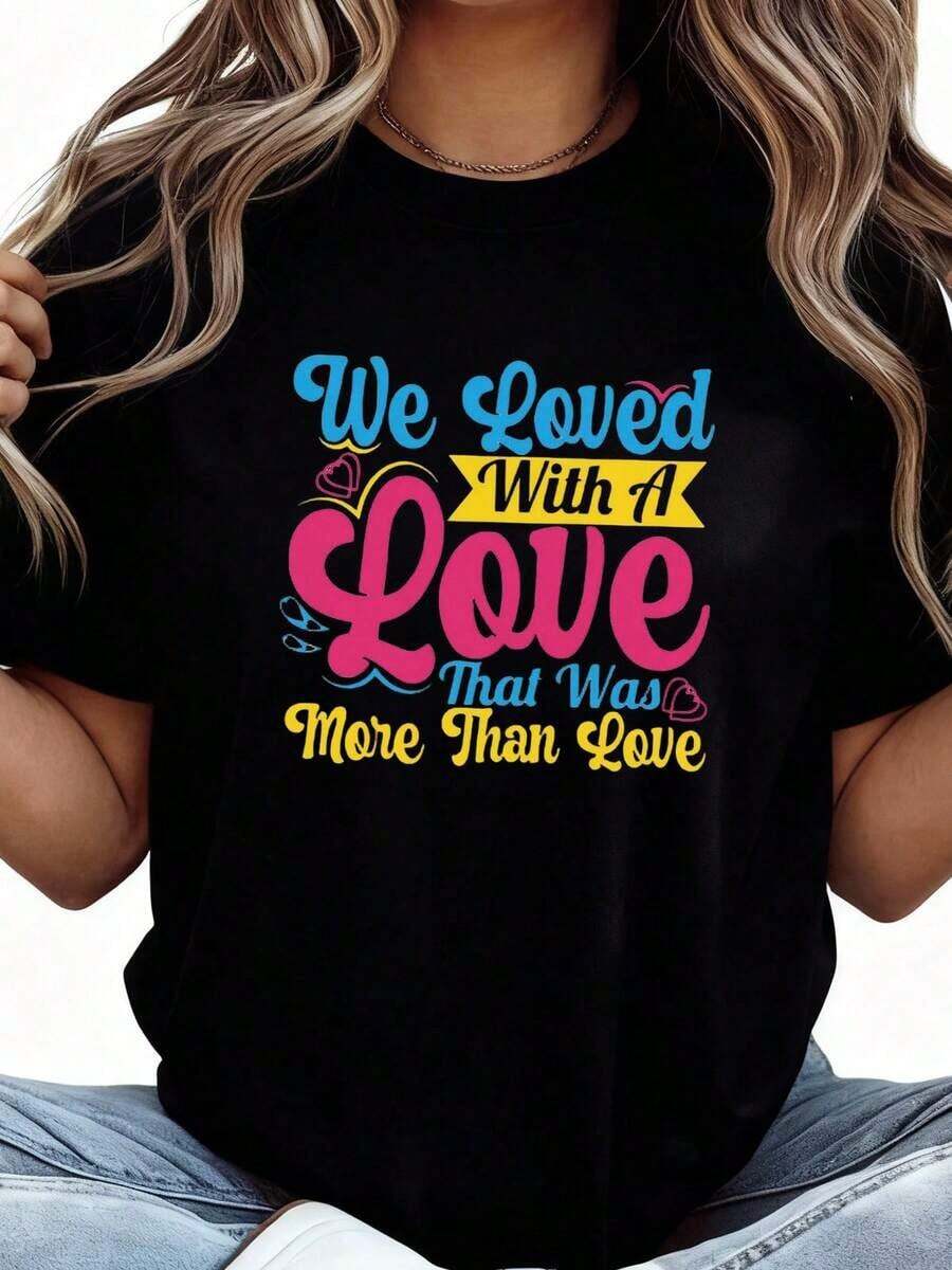 Camiseta Casual de Manga Corta con Cuello Redondo y Estampado Gráfico Romántico para Mujer, Primavera-Verano, Estilo Diario, Salidas Cotidianas, Regalo para Vacaciones, Moda - Negro - Ver 1