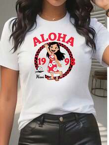 Camiseta Casual Estilo Hawaiano para Mujer, Diseño de Personaje Aloha 1998 Nani, Ropa de Verano para Regalos a Amigos y Familiares, 220g, Blusa Casual Mujer - Blanco - Ver 5