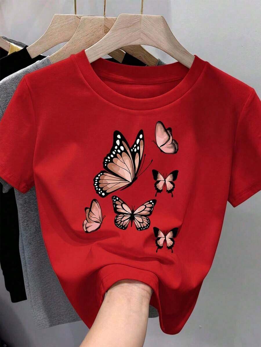 Soft Camiseta para mujer de 100% algodón, suave y cómoda de manga corta y cuello redondo con estampado de mariposas monarca pattern - Rojo - Ver 1