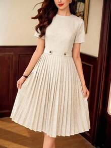 Vestido elegante vintage para mujer con bolsillos, plisado, casual, para vacaciones, vestido de invitada de boda, vestido de vuelta al colegio, vestido de cumpleaños elegante para mujer, atuendo elegante de maestra, atuendo casual de negocios para mujer, atuendo de cumpleaños elegante para mujer, atuendo de vacaciones, vestidos elegantes para mujer, atuendo de oficina para mujer, ropa de vuelta al colegio, ropa de otoño para mujer, vestido de vacaciones, ropa de otoño, vestidos de iglesia para mujer, atuendo de festival - Albaricoque - Ver 5