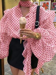 Women's Casual Sexy Heart Print Contrast Color Front Button Ruffle/Frill Hem Blouse For Home Wear - Watermelon Pink - View 1