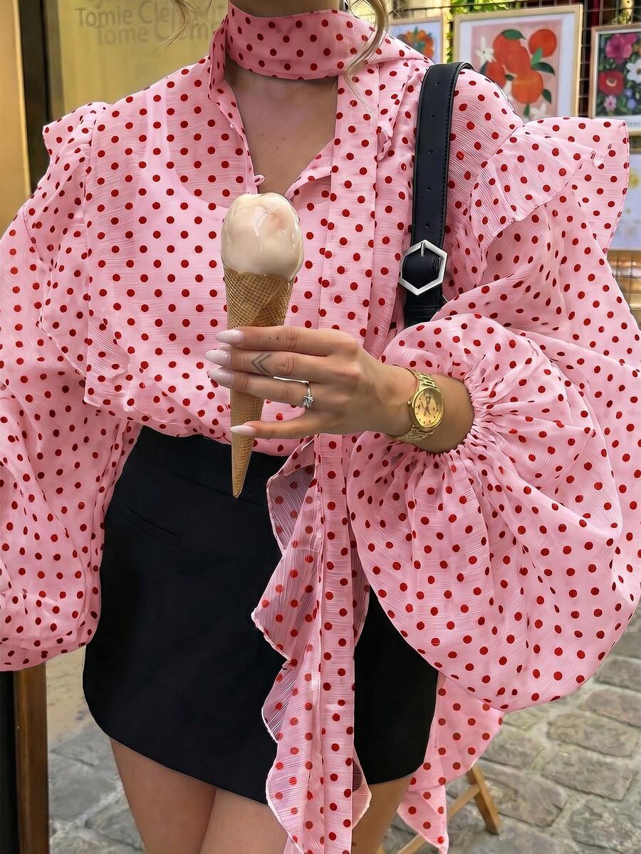 Women's Casual Sexy Heart Print Contrast Color Front Button Ruffle/Frill Hem Blouse For Home Wear - Watermelon Pink - View 1
