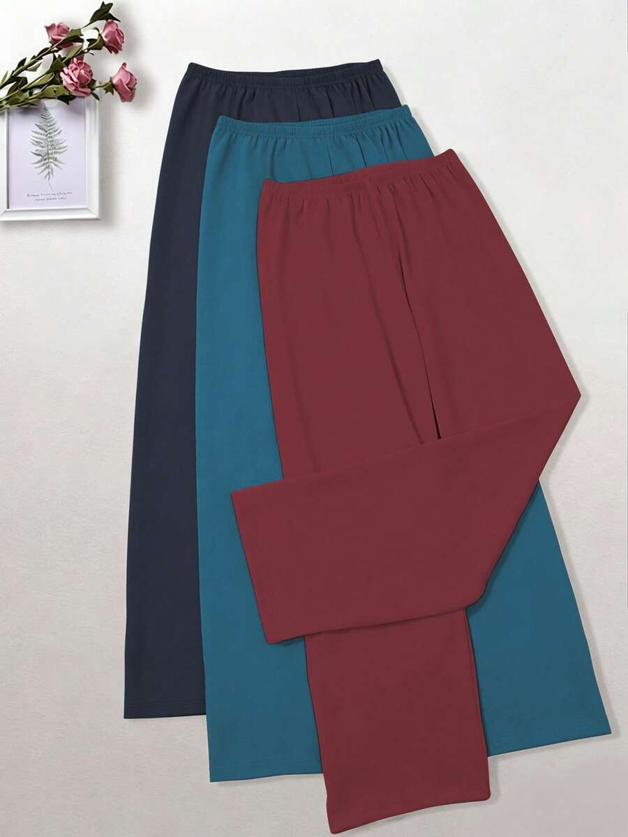 3件組女款經典素色薄款寬鬆寬腿褲/直筒褲,適合居家穿著與休閒場合 - 彩色 - 查看 1