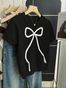 2026Franclia Nuevo suéter de punto casual con lazo dulce y lindo en color rosa para mujer, blusa de lazo rosa bebé de manga corta para primavera/verano, blusas de punto con lazo lindas para mujer - Negro - Ver 7