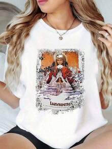 Camiseta de algodón de estilo casual para mujer, 1 pieza. Camiseta con estampado gráfico del póster de la película Laberinto para mujer, 220 g,% algodón, cuello redondo, estilo vintage. Estilo versátil adecuado para el verano. - Blanco - Ver 6