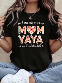 Camiseta de Mujer con Estampado Floral de Mom Yaya Family Two Titles, Manga Corta, Cuello Redondo, Estilo Casual para Primavera-Verano, Ideal para Uso Diario, Ocio y Regalo de Vacaciones.Dobladillo y Puños Pulidos, Apariencia Limpia y Experiencia de Uso Cómoda.Transpirable y confortable. - Negro - Ver 7