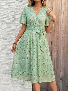 Vestido casual de vacaciones con estampado de plantas y manga corta para mujer - Gris - Ver 5