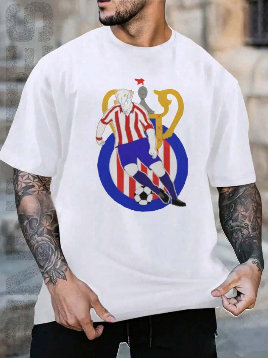 Camiseta para hombres camiseta de manga corta blanca con patrón de insignia de fútbol camiseta de tela transpirable elasticidad moderada camiseta para hombres camiseta de cuello redondo blusa adecuada para el ocio diario y la moda al aire libre - Negro - Ver 1