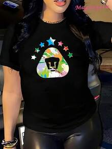 Camiseta holgada 100% de algodón, suave para mujer Mgy con estampados coloridos de triángulos y estrellas, camiseta para aficionada al fútbol, camiseta de moda de manga corta y cuello redondo, lavable a máquina, ropa casual perfecta para todas las estaciones - Negro - Ver 1