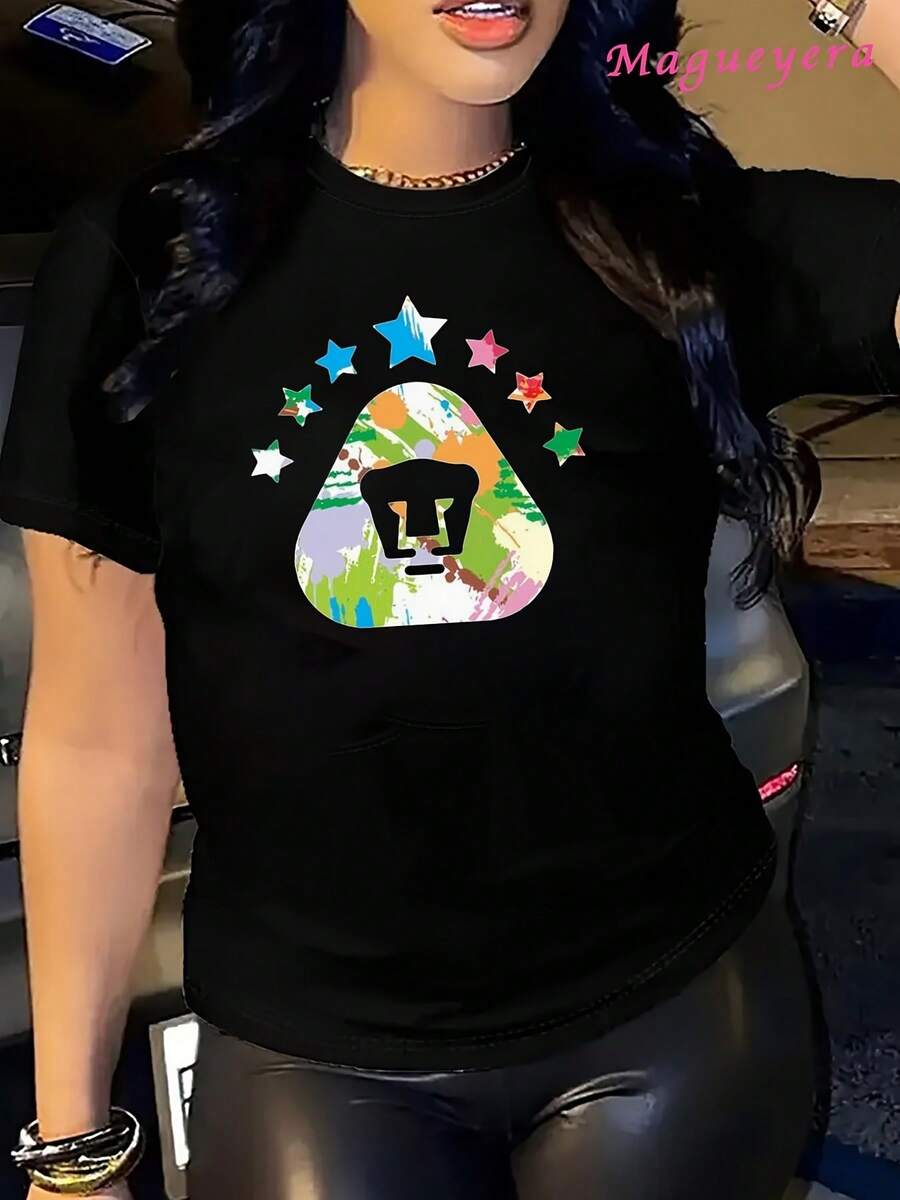 Camiseta holgada 100% de algodón, suave para mujer Mgy con estampados coloridos de triángulos y estrellas, camiseta para aficionada al fútbol, camiseta de moda de manga corta y cuello redondo, lavable a máquina, ropa casual perfecta para todas las estaciones - Negro - Ver 1