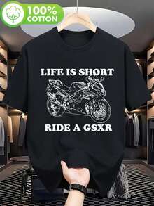 1 camiseta gráfica de motocicleta BZ - Unisex, corte ajustado, 100% cuello redondo, tejido de punto de elasticidad media con estampado audaz de GSXR y eslogan "La vida es corta, conduce una GSXR", uso casual y formal para todas las estaciones, lavable a máquina, regalos para motociclistas, diseño de contraste llamativo. - Negro - Ver 1
