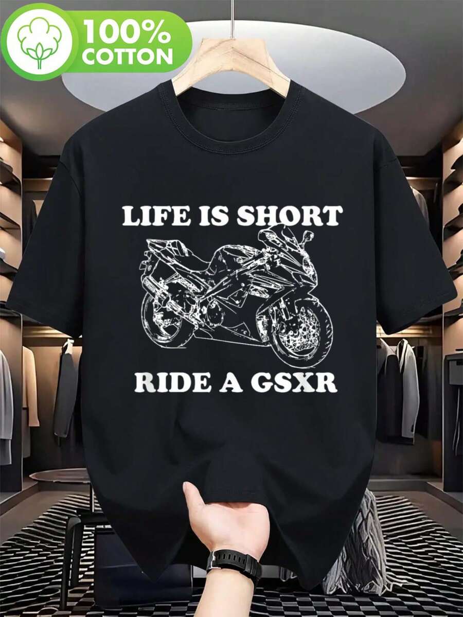 1 camiseta gráfica de motocicleta BZ - Unisex, corte ajustado, 100% cuello redondo, tejido de punto de elasticidad media con estampado audaz de GSXR y eslogan "La vida es corta, conduce una GSXR", uso casual y formal para todas las estaciones, lavable a máquina, regalos para motociclistas, diseño de contraste llamativo. - Negro - Ver 1