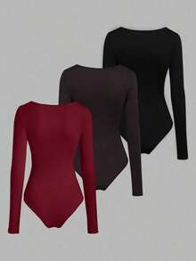 Set de 3 bodys de manga larga para mujer en color albaricoque, marrón café y negro, de ajuste ceñido y estilo minimalista y versátil para el día a día - Multicolor 8 - Ver 2