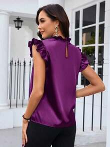Blusa de satén de unicolor con mangas de tapa para uso diario, blusas sin mangas - Rojo violeta - Ver 2