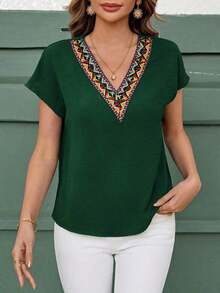 Blusa de mangas dolman con encaje de guipur de contraste, blusas de manga corta - Verde Oscuro - Ver 2