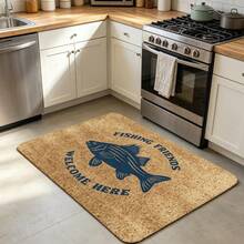 1pc Navy Blue Bass Fish Print Flannel Rug, Printed With "Welcome Fishing Friends" Text, Vintage Outdoor Fishing Style Rectangular Doormat, Washable Entryway Mat, Suitable For Foyer, Porch, Lakeside Home And Home Decor - 1PC - View 7