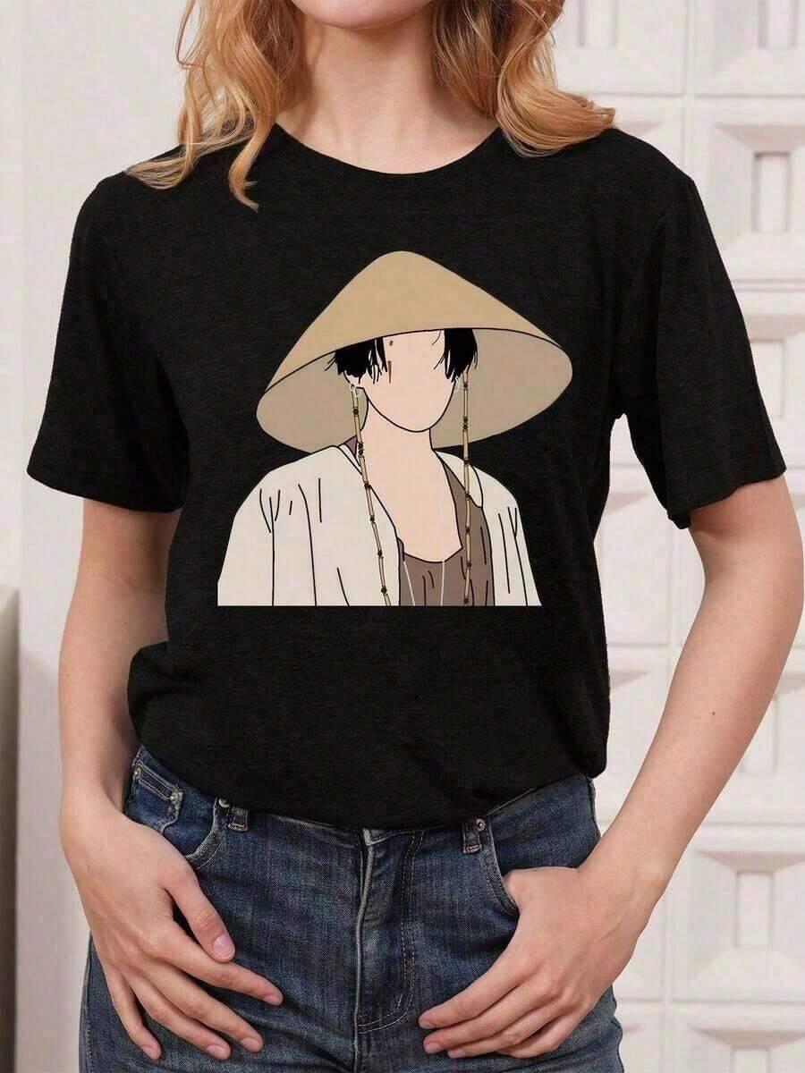 Camiseta de manga corta con cuello redondo y estampado para mujer. Perfecto para citas, desplazamientos diarios y salidas informales. Diseño clásico minimalista de cuello redondo, fácil de combinar y adecuado para todas las formas de cuerpo. - Negro - Ver 1