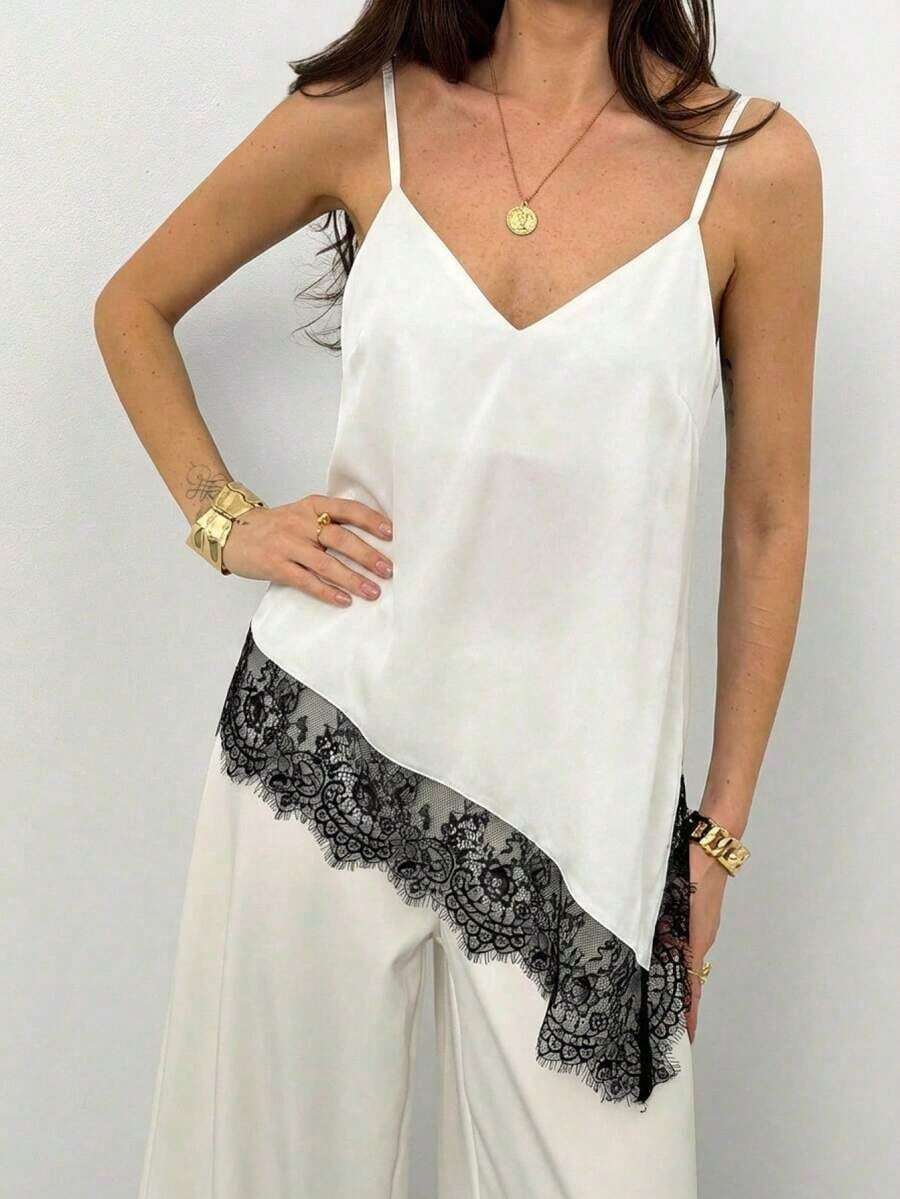Top de camisola asimétrico negro con parches de encaje, ribete de satén y encaje, sexy y versátil para el Día de San Valentín - Albaricoque - Ver 1