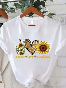 Camiseta de Mujer con Estampado de Girasol, Moda de Verano para Mujer, Casual, Cómoda y Suave, para Deportes al Aire Libre y Fitness, Cuello Redondo, Manga Corta, 100% Algodón - Negro - Ver 7