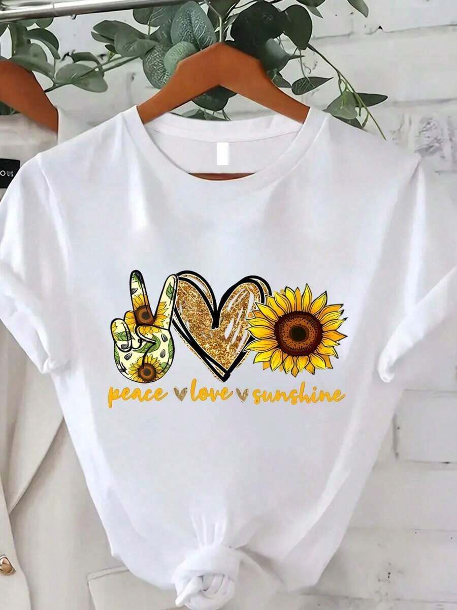 Women's Sunflower Print T-Shirt, Summer Fashion For Women, Casual, Comfortable And Soft, For Outdoor Sports And Fitness, Round Neck, Short Sleeve, 100% Cotton - 白色 - 查看 1