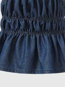 Teen Girls' Denim Camisole, Fashionable New Design, Cable Knit Texture, Dark Blue Sleeveless Cropped Top, Summer - Dark Wash - View 8