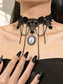 1pc Women's Retro Gothic Choker Necklace, Dark Style Lace Collar Necklace - Multicolor - View 6