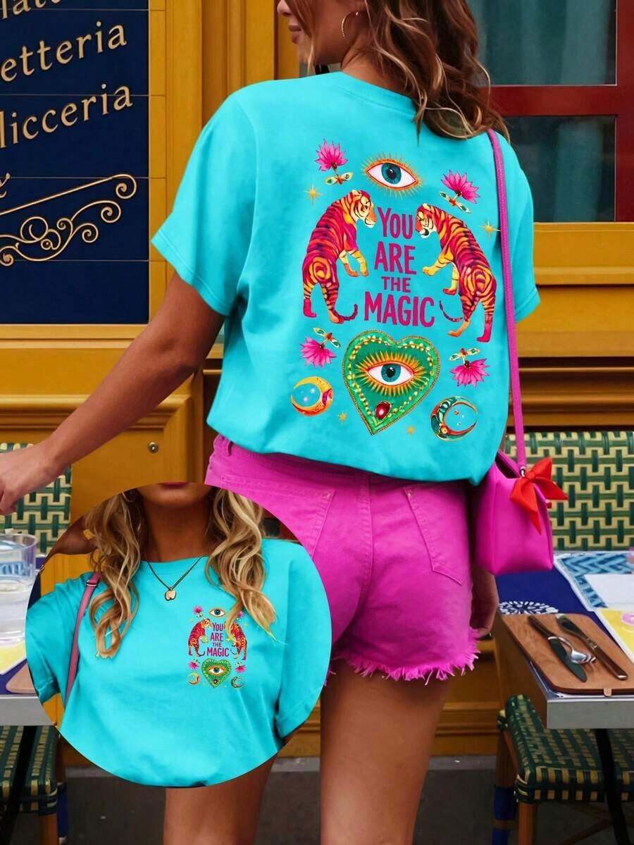 Estilo Y2K, estilo de moda, lo más nuevo de 2026, estilo lindo, estilo casual, blusas para mujer>ropa. Eres mágica - Camiseta estampada - Camiseta con estampado de tigre, camiseta surrealista para mujer, camiseta con patrón de chica bruja decoración bohemia ojos, camisetas gráficas lindas para mujeres, tops gráficos para mujeres, tops de mujer para verano, body de bebé gráfico, tops de mujer, tops de manga corta de mujer, tops de mujer, tops gráficos, últimos tops para mujer, nuevas llegadas180g(S-XXXL) - Blanco - Ver 1