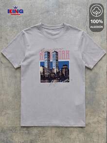 King T-shirt Playera 100% algodón de excelente calidad, esta playera garantiza una suavidad excepcional al tacto, cuello redondo con estampado "New York Manhattan Vintage Skyline" y manga corta - Gris - Ver 2