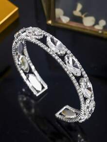 1 chiếc vòng tay mạ bạc đính đá Marquise, vòng tay hở đính pha lê cho đám cưới/tiệc tùng/cô dâu, trang sức sang trọng nổi bật. - Bạc - Xem 10