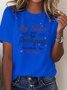 Camiseta Sensual para Mujer con Frase "Mi hermana es tan excepcional, es como un ángel" - Rojo brillante con letras negras, pura comodidad y cuello redondo casual, un regalo para hermanas, ropa lavable a máquina para todas las estaciones, blusa casual mujer. - Azul - Ver 1