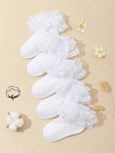5 Pairs Cotton Lace Princess Trim Ankle Socks For Kids & Teens