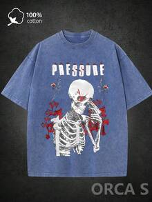 Unisex Urban-Style T-Shirt With A Skull Print And Distressed Effect, 100% Cotton, 220 Grams, Suitable For Concerts, Outdoor Activities, Vacations, Gifts, Outdoor Sports, And Other Occasions. EWCQ - 灰色 - 查看 10