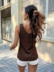 Women's Brown Y2K Ribbed Knit Cami Top, U-Neck Sleeveless With Pocket, Casual Solid, For Spring Summer Beach & Vacation - Dark Coffee - View 7
