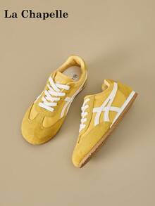 La Chapelle Women's Thick Sole Lace-Up Soft Bottom Casual Sneakers, Low-Top Flat Outdoor Commuter Shoes, Round Toe Low Heel Solid Color Elegant Soft Bottom Hiking Shoes, Suitable For Students Graduation Photo, Women's Low-Top Microfiber Sports Skateboard Shoes - Lemon Yellow - View 6
