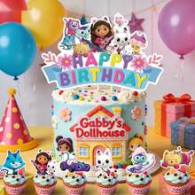 1件 Gabby's Dollhouse 主題蛋糕裝飾套裝，卡通貓生日蛋糕裝飾含杯子蛋糕插旗與生日快樂橫幅，以 Gabby 與朋友們為特色，適合兒童 Gabby 主題生日派對，室內生日派對氛圍佈置 - 彩色 - 查看 2