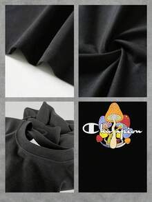 Un vibrante collage de setas psicodélicas en tonos naranja, amarillo, rojo y azul se entrelaza con el icónico logo de Champion, simbolizando la fusión entre la naturaleza, la imaginación y la energía de la marca. Cada hongo, con su forma única y colorida, evoca la diversidad de la vida y la exploración de nuevos horizontes, inspirando una sensación de aventura y creatividad en quien la lleva puesta. esta camiseta de mujer es una explosión de arte y estilo para tu guardarropa informal.. - Negro - Ver 4
