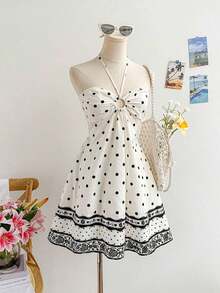 Vestido romántico de vacaciones casuales, azul y blanco, con estampado de flores, cuello halter, cintura ajustada y escote hueco para mujeres - Multicolor 4 - Ver 3