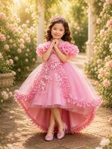 Young Girl Lace Beaded Floral Hem Elegant Dress, Short Front Long Back Princess Gown, Bridesmaid Dress For Wedding, Formal Wear - Dusty Pink - View 3