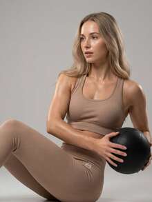 Women's Two-Piece Ribbed Design Activewear Set, Fitness Set, Workout Set, Legging And Top Set With Back Adjuster - 駝色 - 查看 5