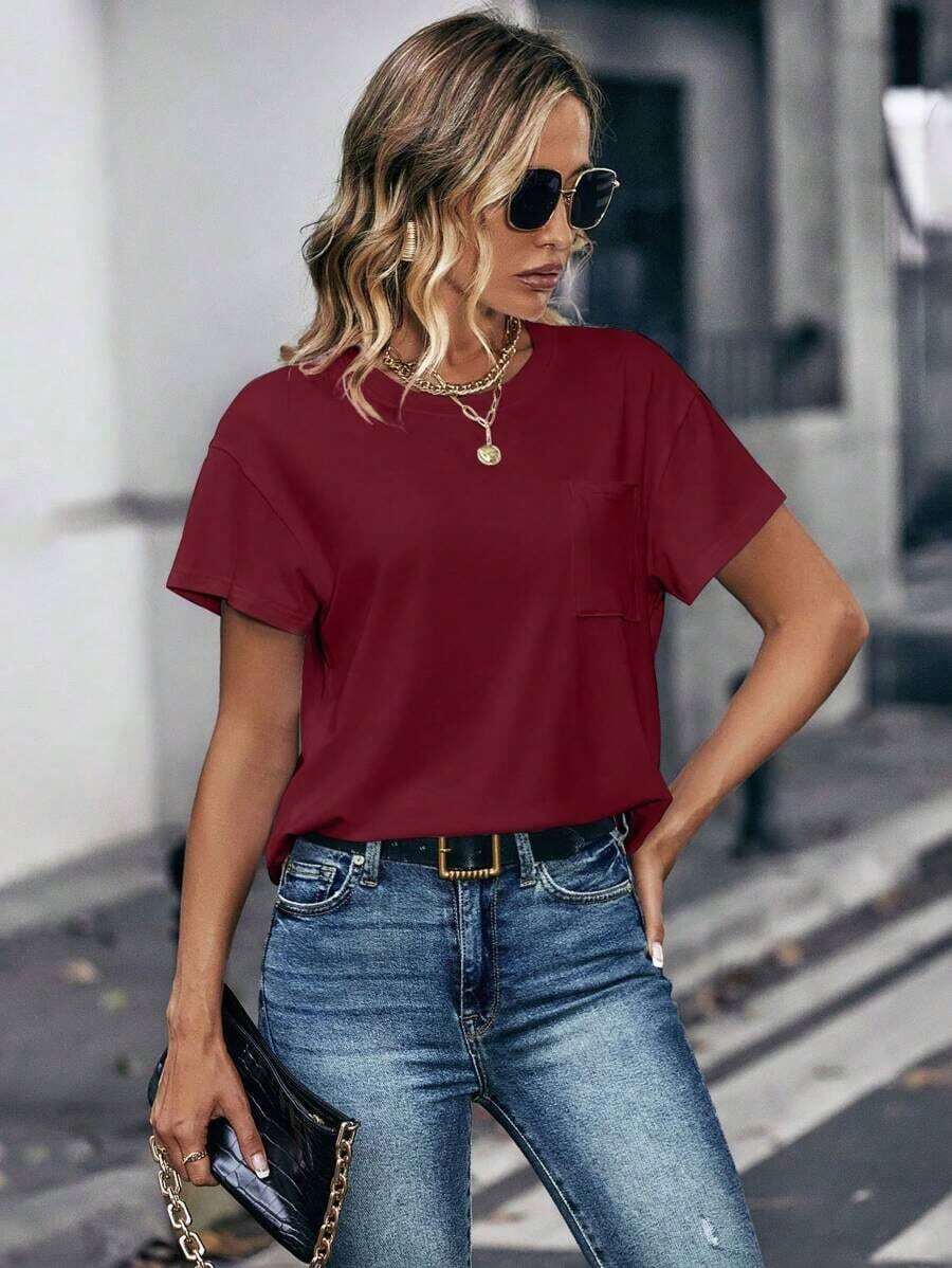 Camiseta de cuello redondo de manga corta de unicolor para mujer de moda - Burdeos - Ver 1