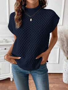 Suéter de punto de cuello redondo sin mangas de textura romántica roja elegante para el Día de San Valentín - Azul marino - Ver 7